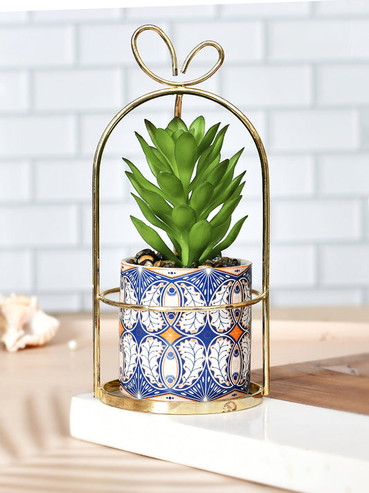 Artificial Plant with Ceramic Planter in a Golden Basket