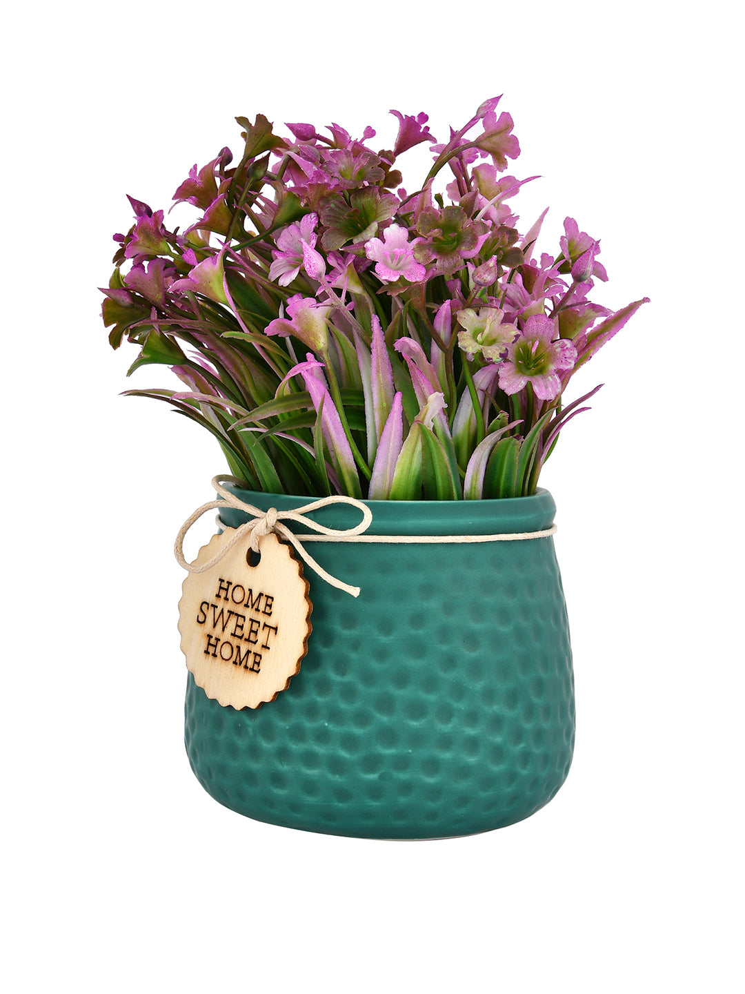 Artificial Purple Blossoms in Dotted Crimson Planter