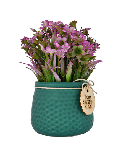 Artificial Purple Blossoms in Dotted Crimson Planter