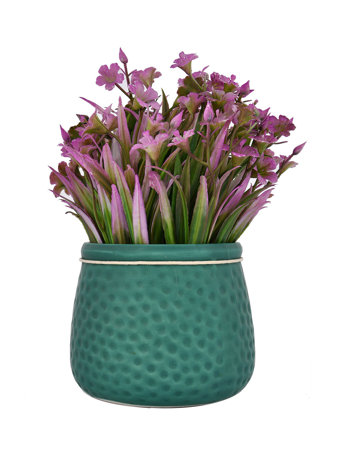 Artificial Purple Blossoms in Dotted Crimson Planter