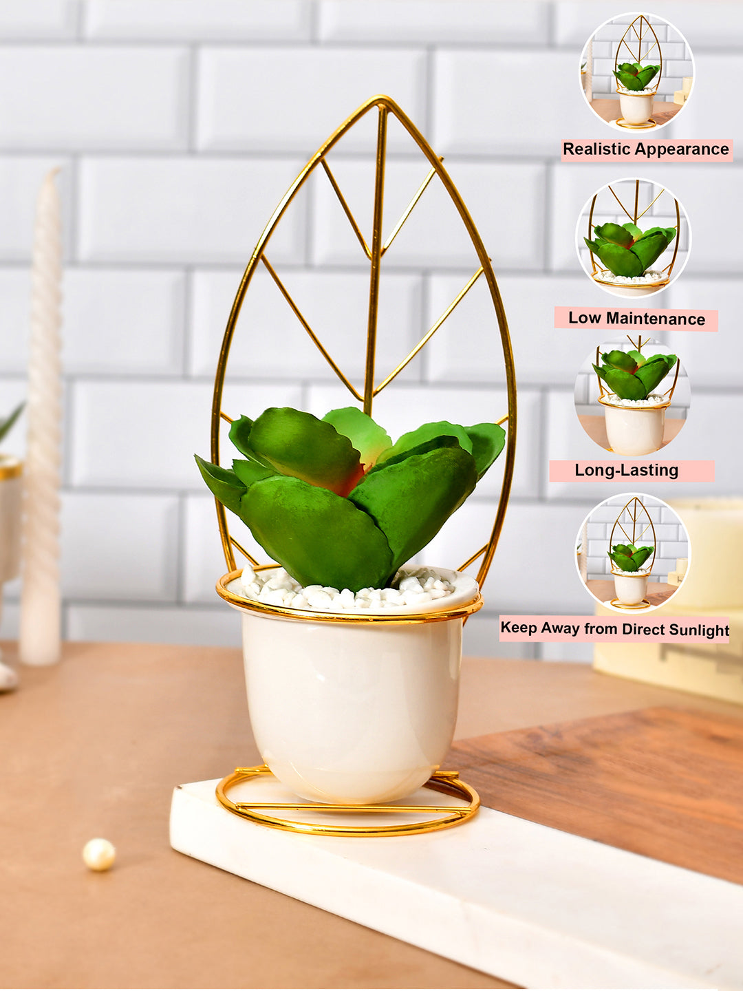 Green Leafy Artificial Plant with White and Gold Ceramic Pot