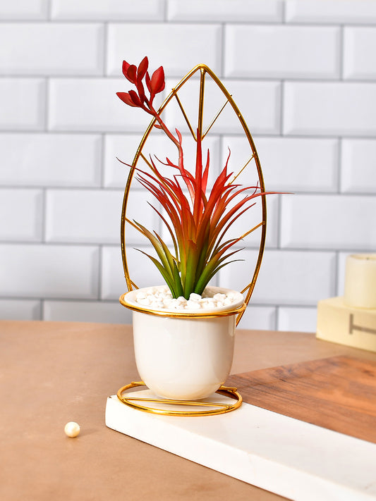 Red Leafy Artificial Plant with White and Gold Ceramic Pot