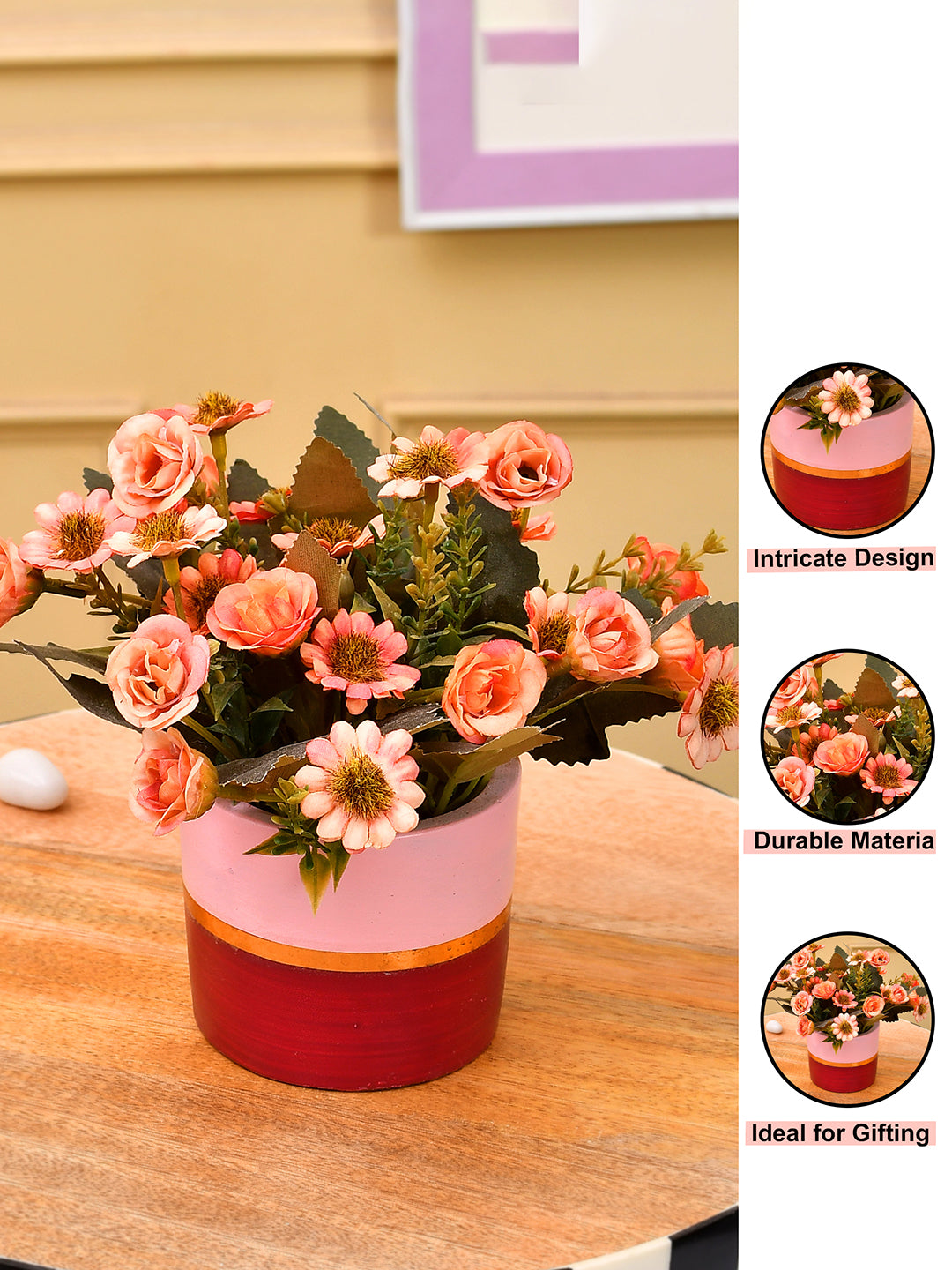 Artificial Pink Daisy and Camellia with Pink Ceramic Pot