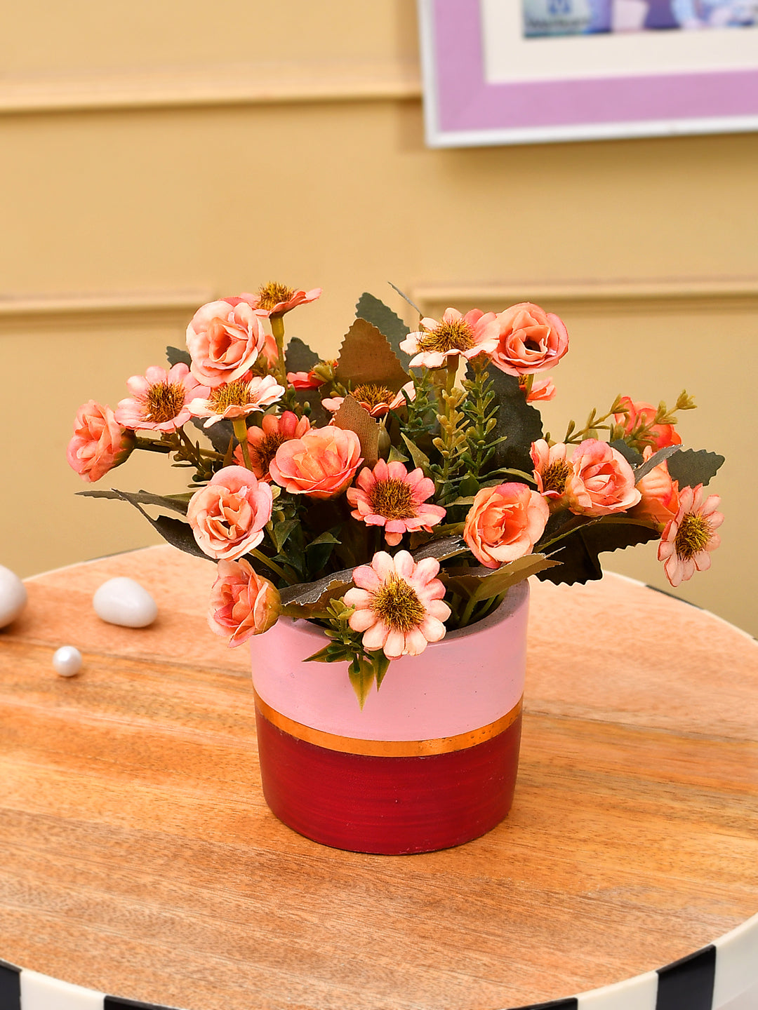 Artificial Pink Daisy and Camellia with Pink Ceramic Pot