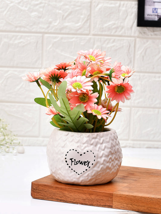 White Ceramic Pot with Pink Artificial Daisies