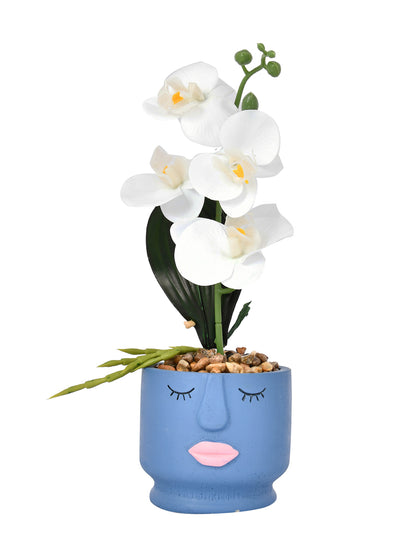 Artistic Blue Face Planter with White Artificial Orchids