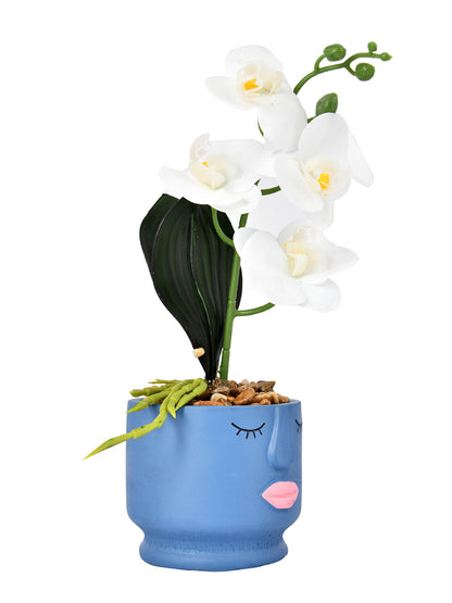 Artistic Blue Face Planter with White Artificial Orchids