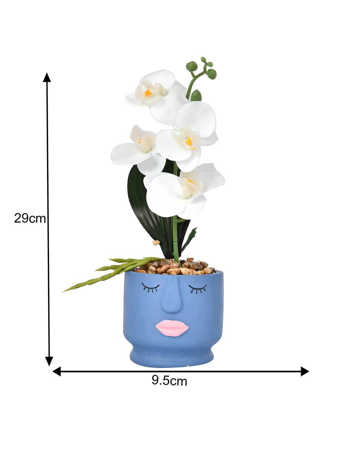 Artistic Blue Face Planter with White Artificial Orchids