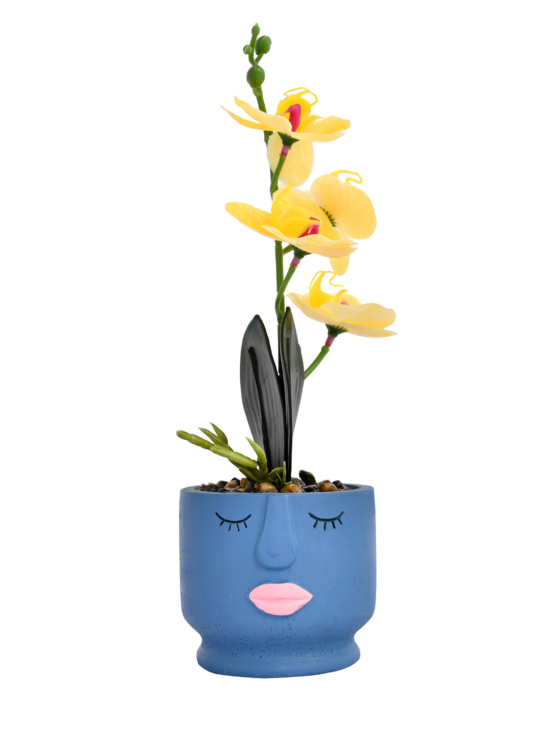 Artistic Blue Face Planter with Yellow Artificial Orchids