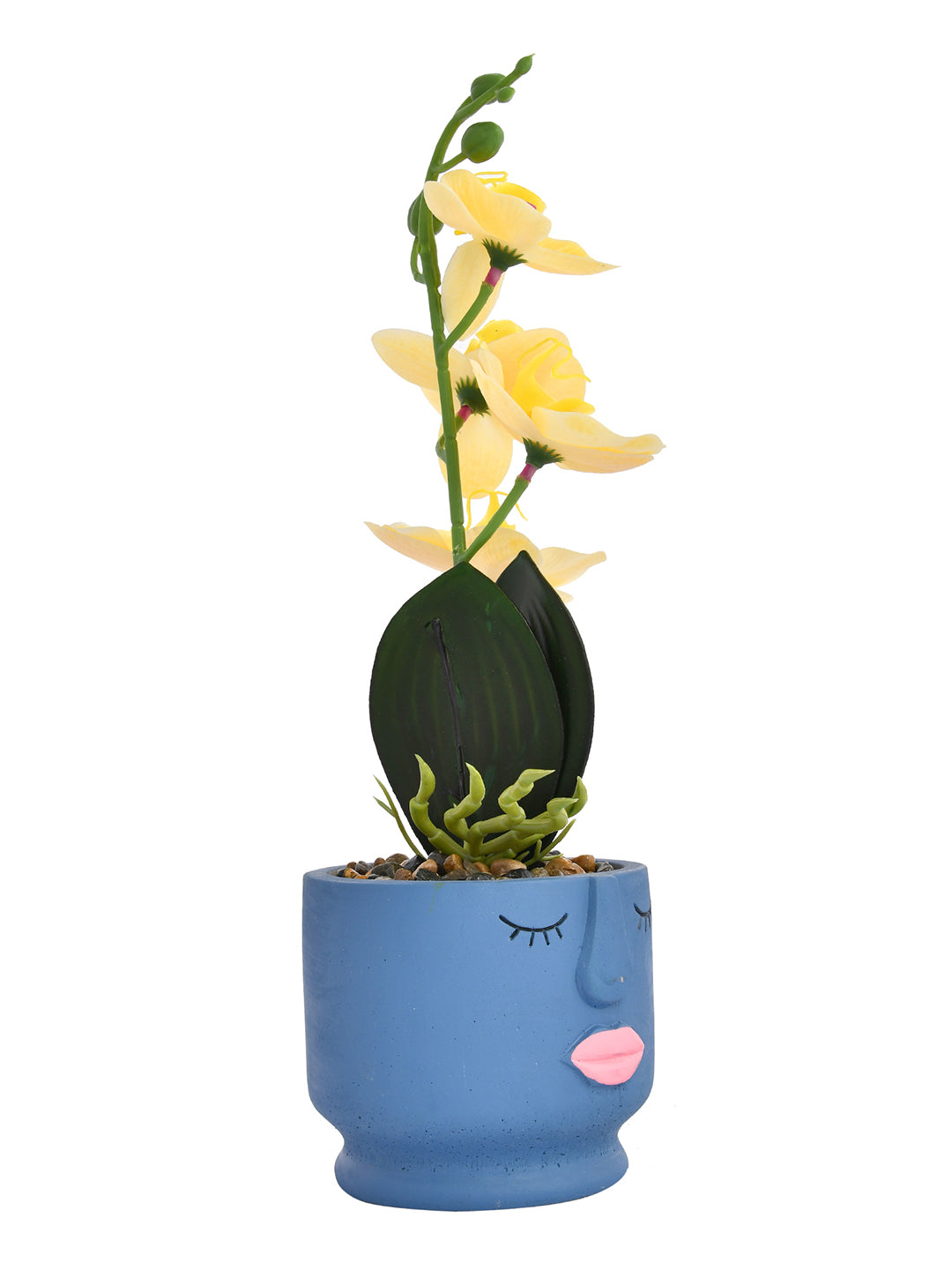 Artistic Blue Face Planter with Yellow Artificial Orchids