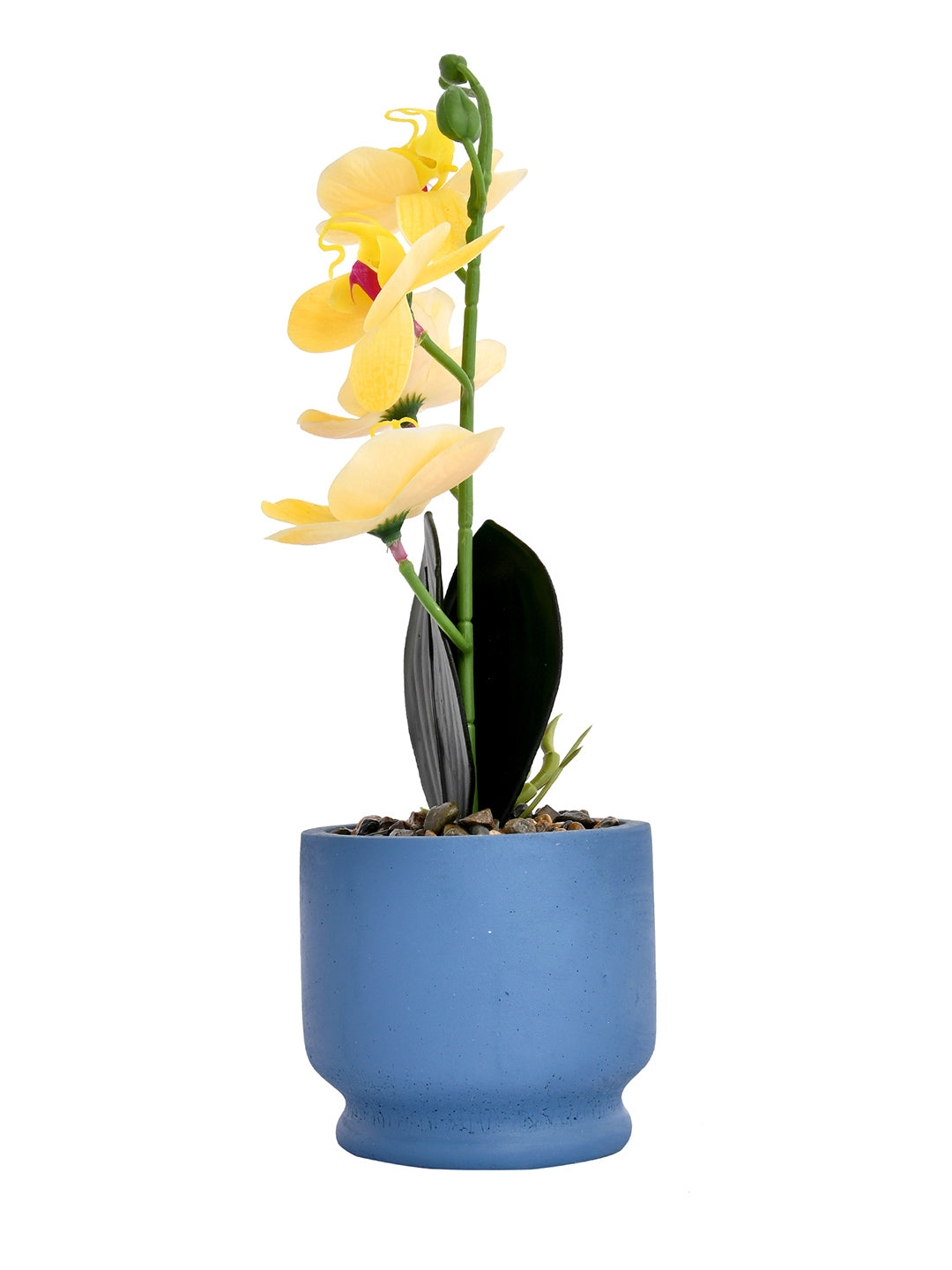 Artistic Blue Face Planter with Yellow Artificial Orchids