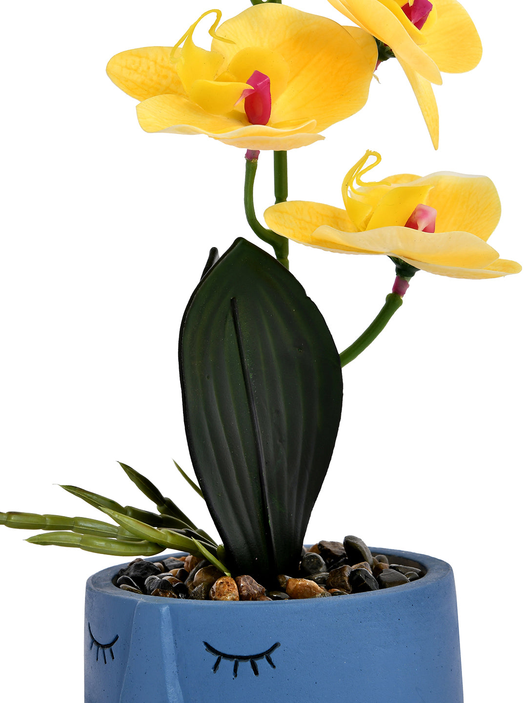 Artistic Blue Face Planter with Yellow Artificial Orchids