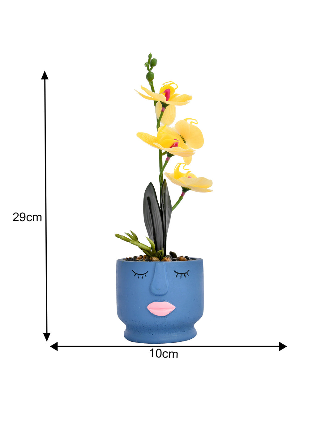 Artistic Blue Face Planter with Yellow Artificial Orchids