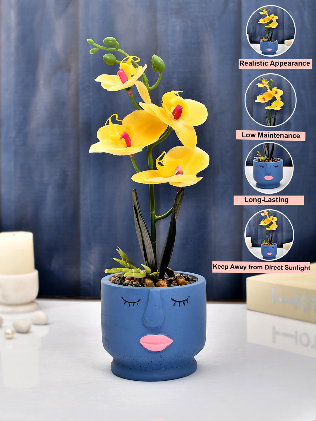 Artistic Blue Face Planter with Yellow Artificial Orchids