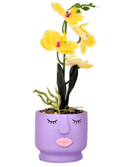 Artistic Purple Face Planter with Yellow Artificial Orchids