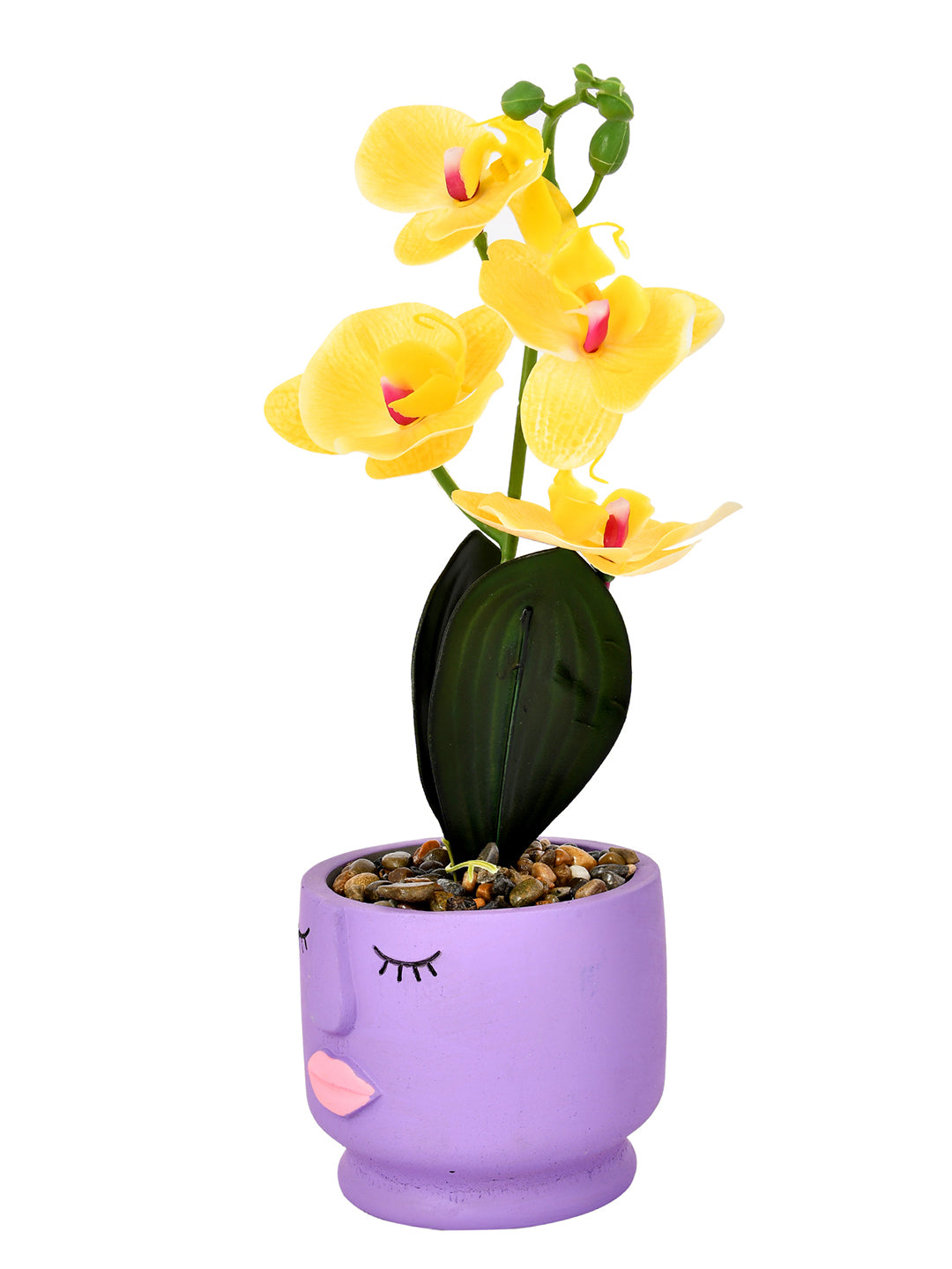 Artistic Purple Face Planter with Yellow Artificial Orchids