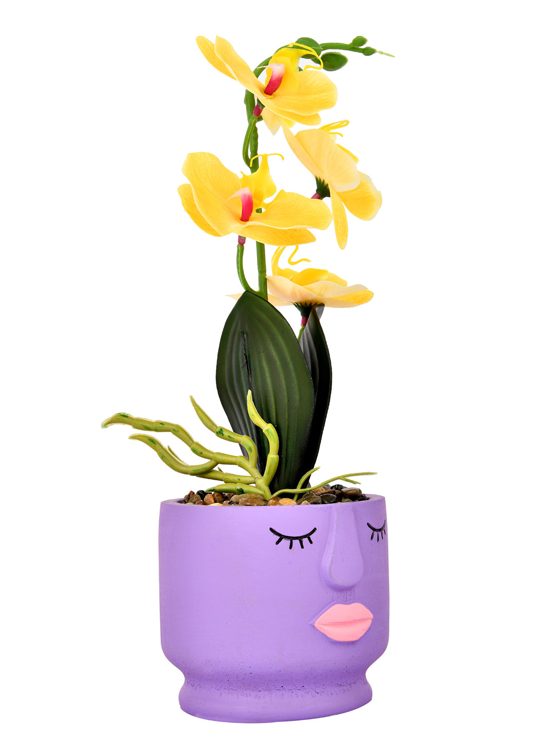 Artistic Purple Face Planter with Yellow Artificial Orchids