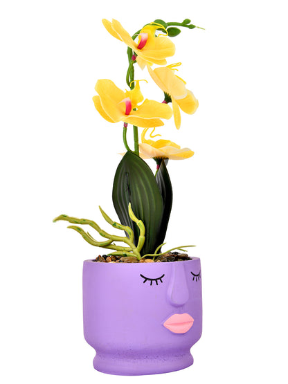 Artistic Purple Face Planter with Yellow Artificial Orchids