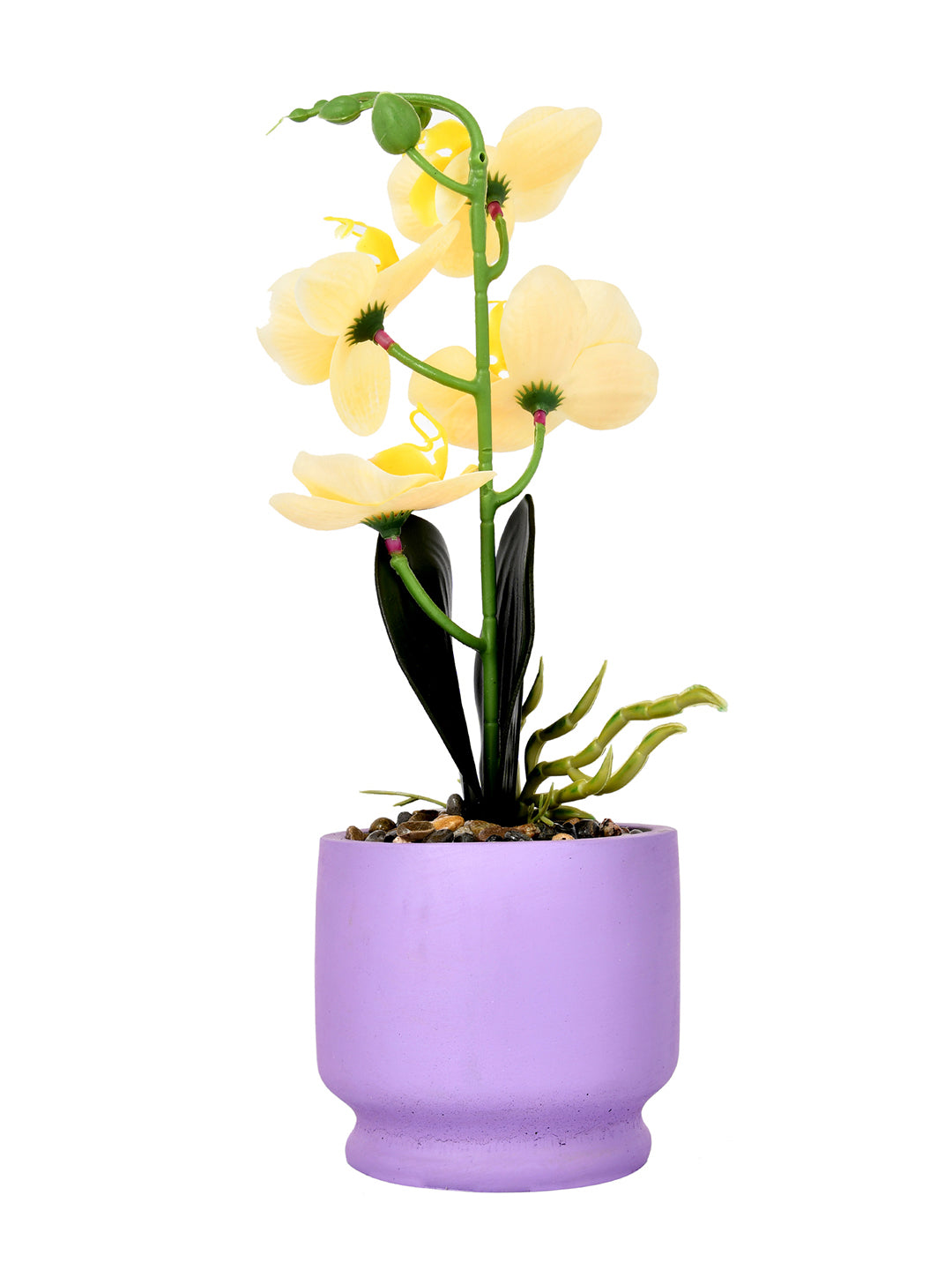 Artistic Purple Face Planter with Yellow Artificial Orchids