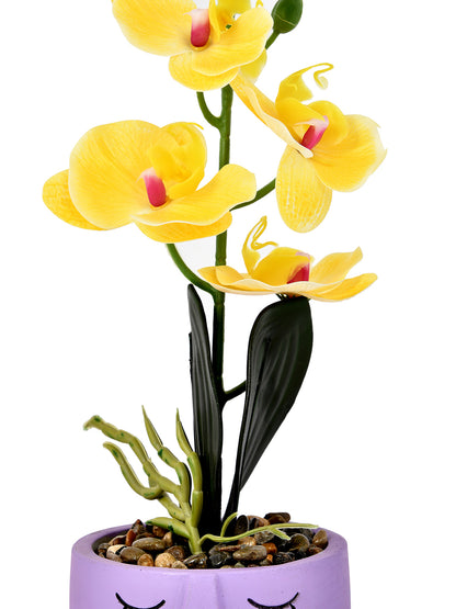 Artistic Purple Face Planter with Yellow Artificial Orchids