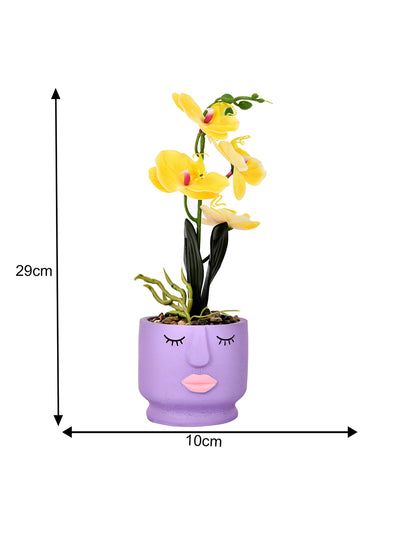 Artistic Purple Face Planter with Yellow Artificial Orchids