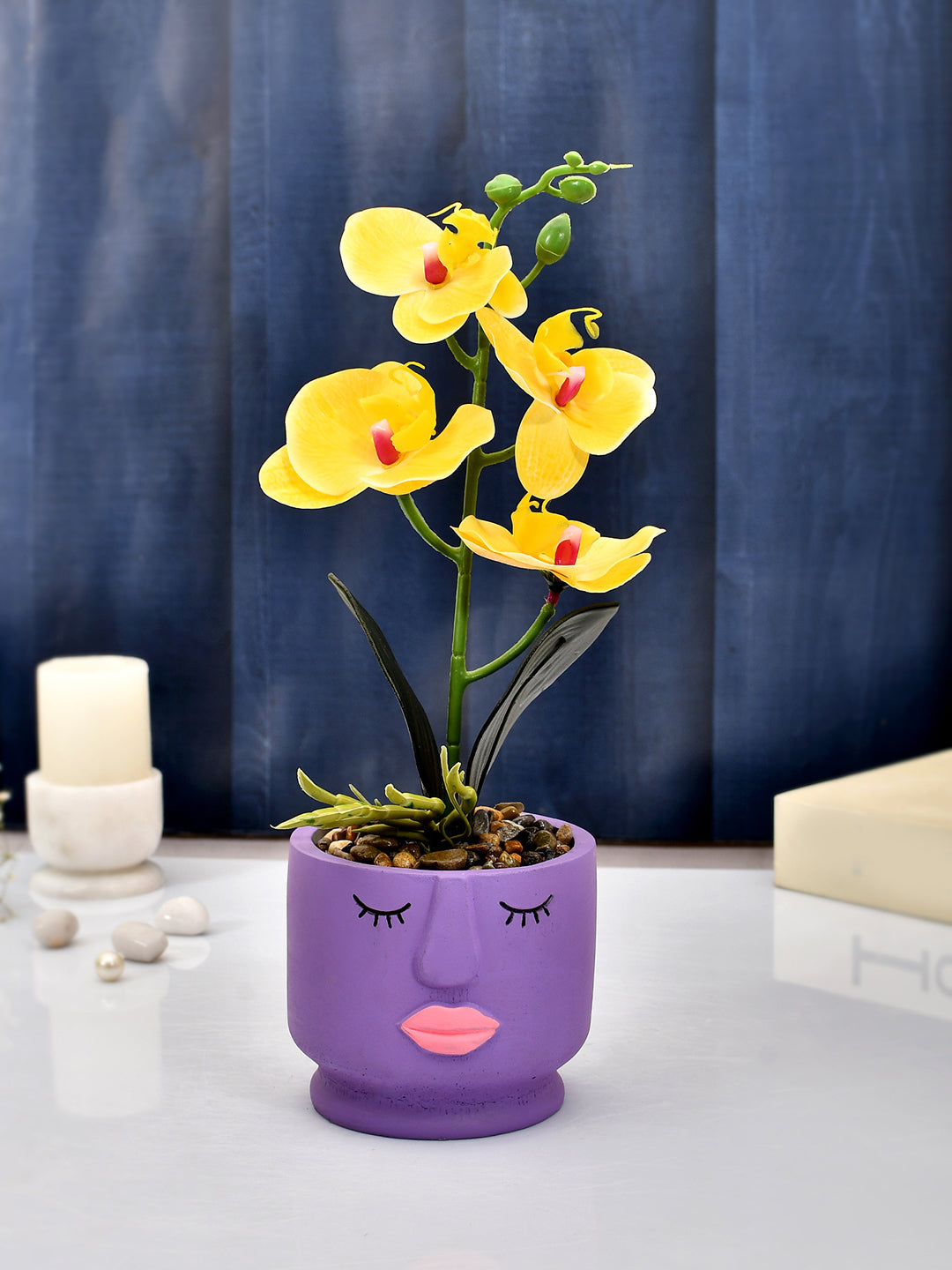 Artistic Purple Face Planter with Yellow Artificial Orchids