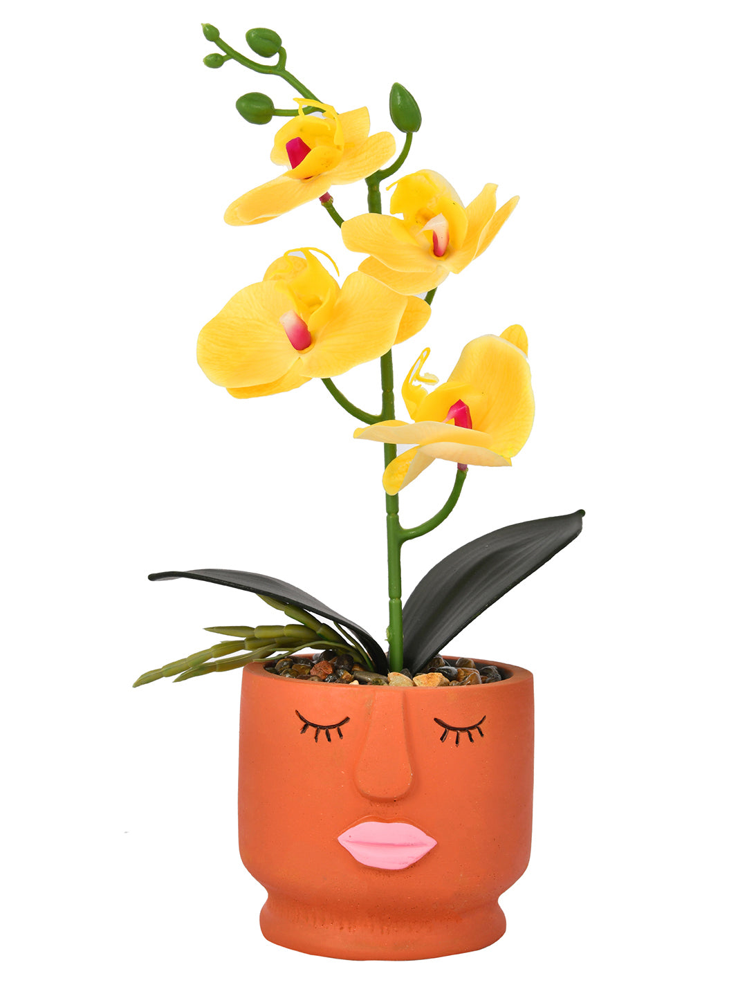 Artistic Orange Face Planter with Yellow Artificial Orchids