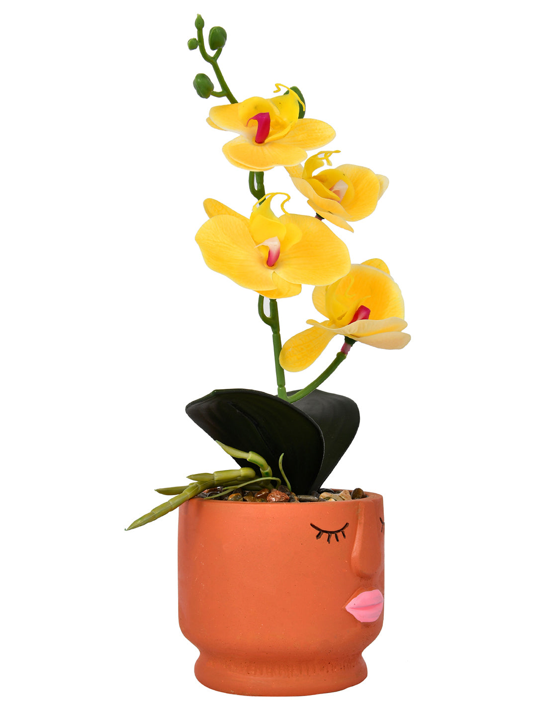 Artistic Orange Face Planter with Yellow Artificial Orchids