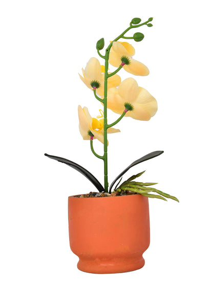 Artistic Orange Face Planter with Yellow Artificial Orchids