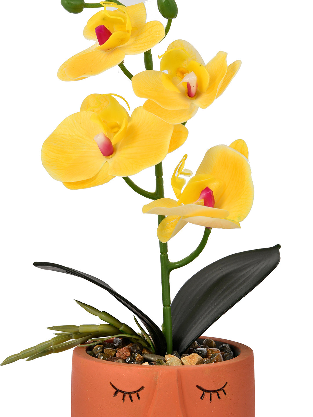 Artistic Orange Face Planter with Yellow Artificial Orchids