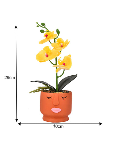 Artistic Orange Face Planter with Yellow Artificial Orchids