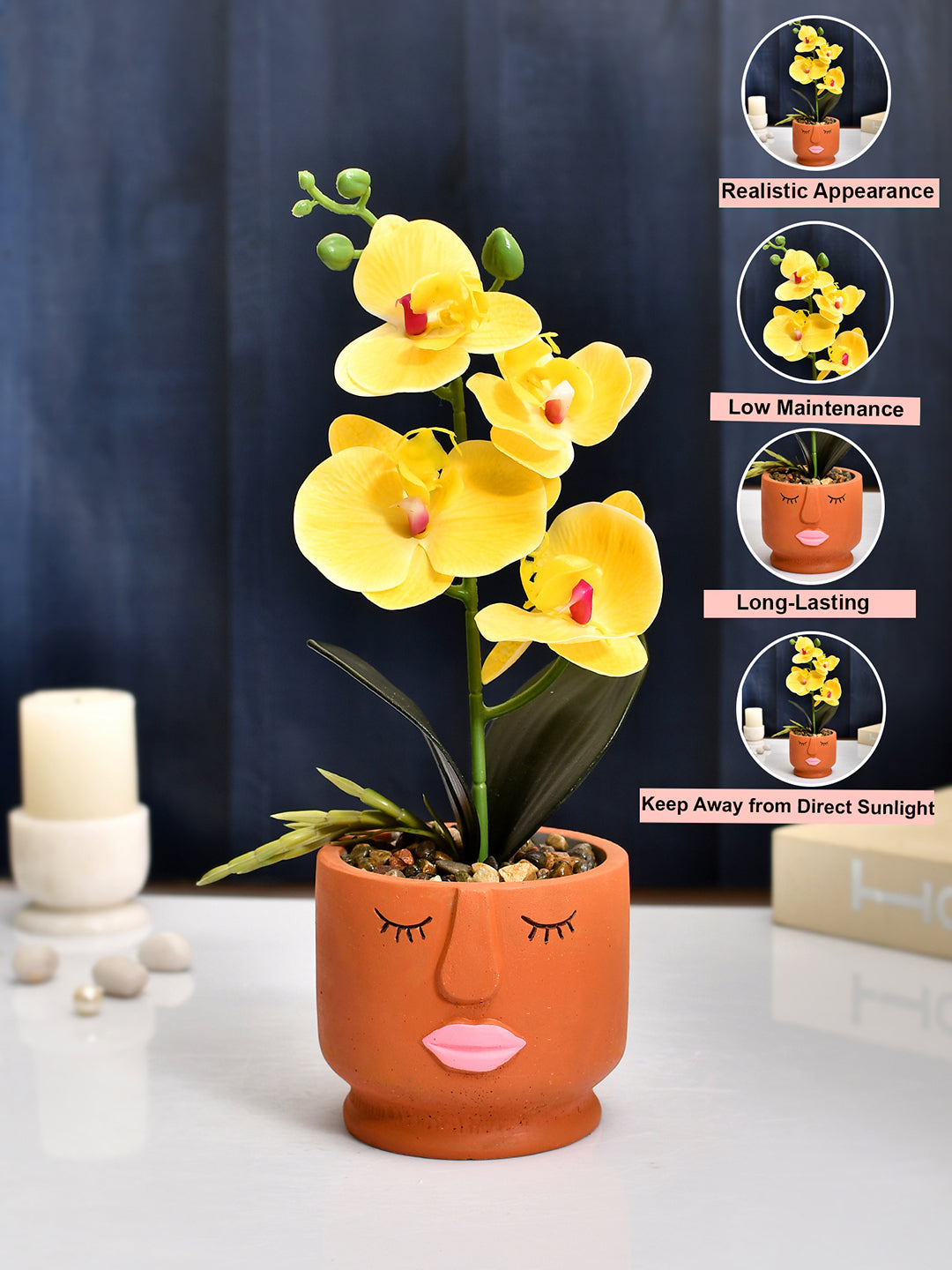 Artistic Orange Face Planter with Yellow Artificial Orchids