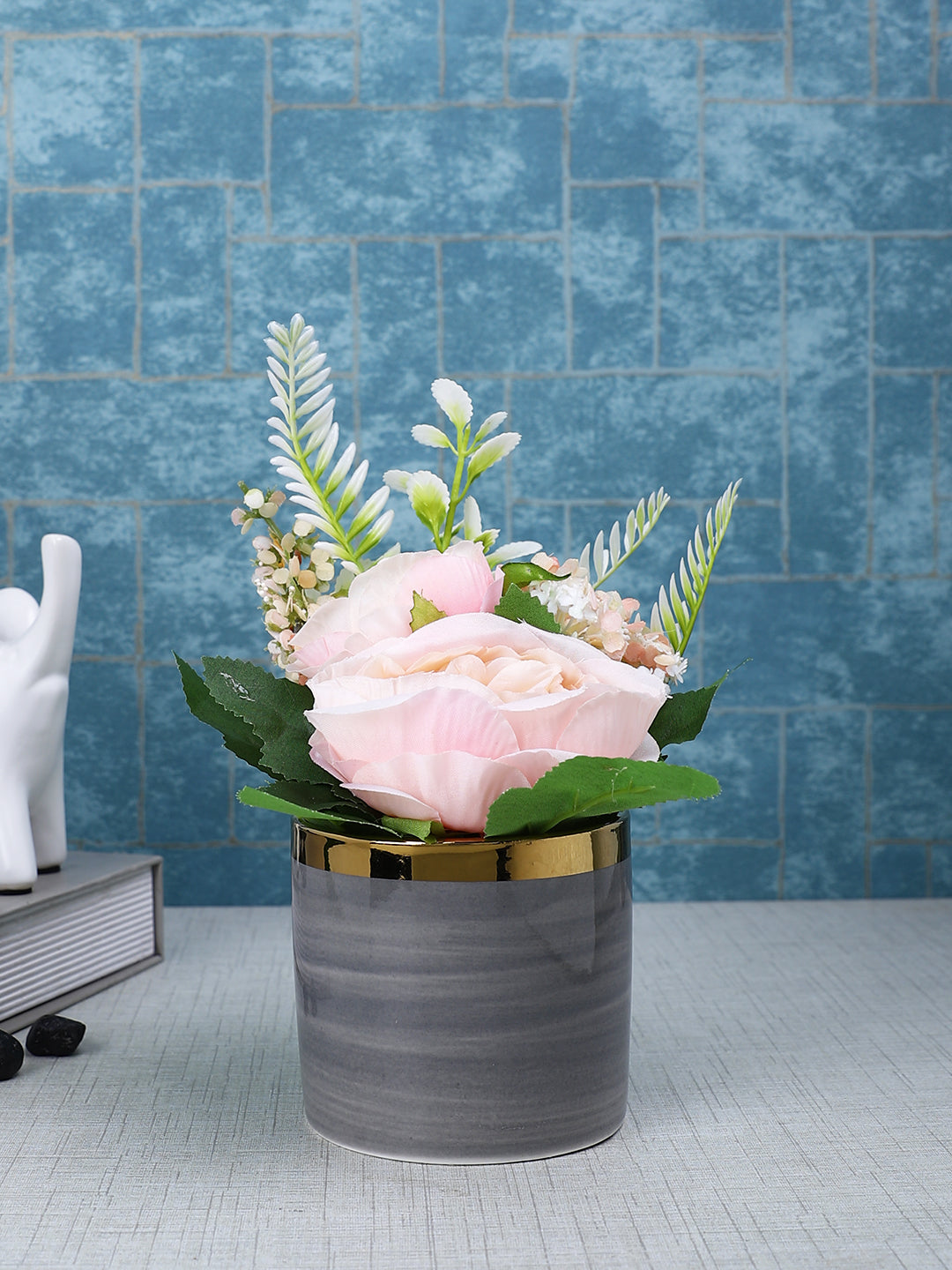 Grey 1 Pieces Rose Artificial Plant With Pot
