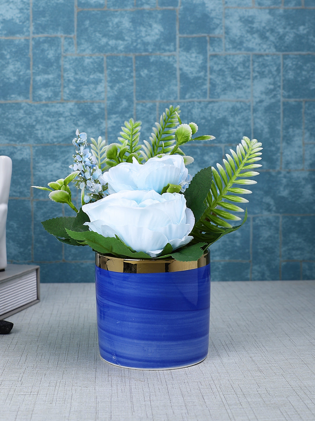 Blue 1 Pieces Rose Artificial Plant With Pot