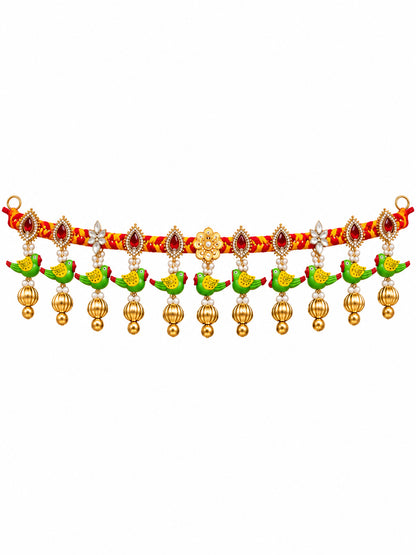 Handmade Floral Door Toran Bandarwal with Bells & Beads for Festive Home Decor (98 cm, Red & Green)