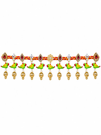 Handmade Floral Door Toran Bandarwal with Bells & Beads for Festive Home Decor (98 cm, Red & Green)