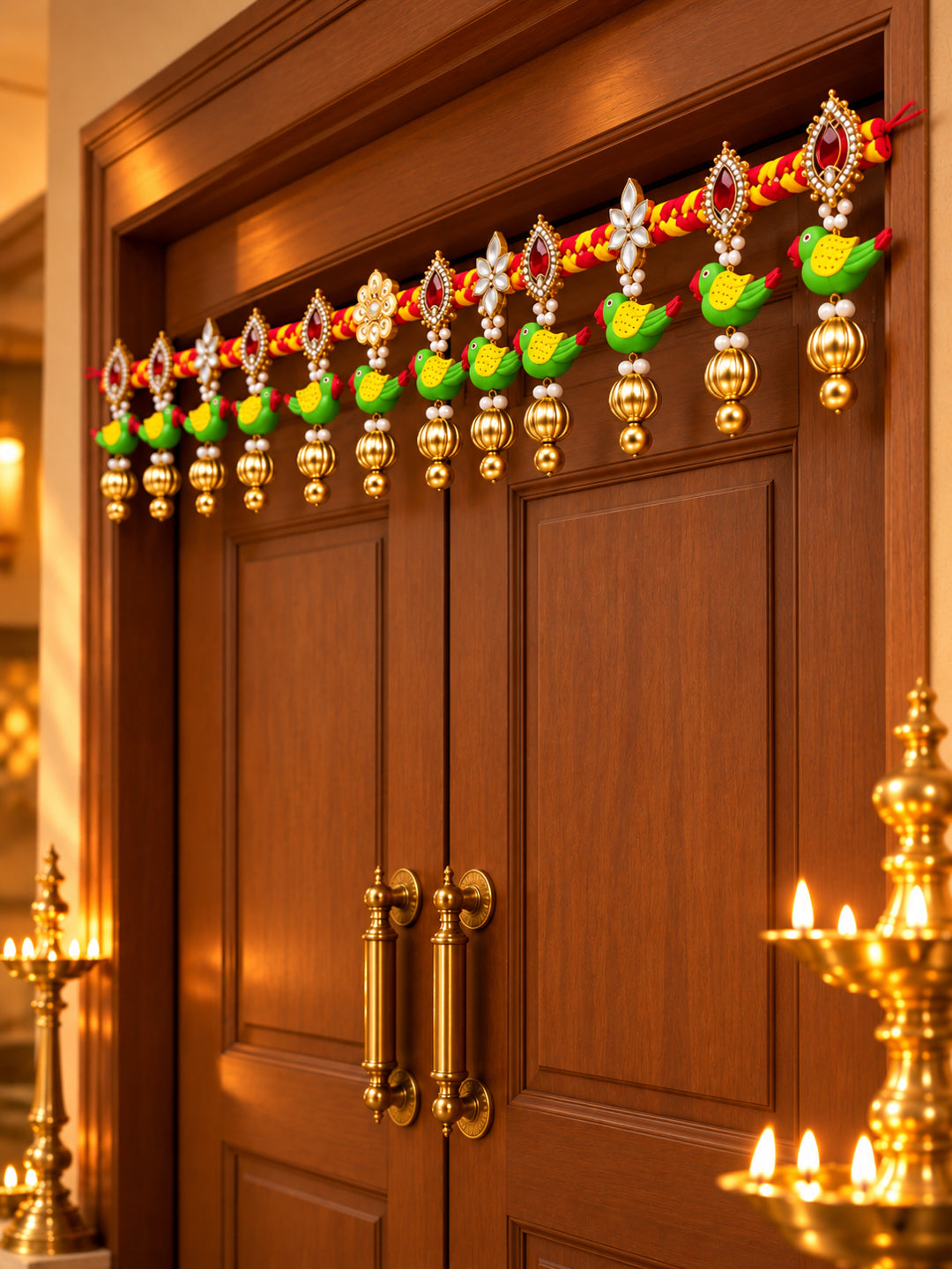 Handmade Floral Door Toran Bandarwal with Bells & Beads for Festive Home Decor (98 cm, Red & Green)