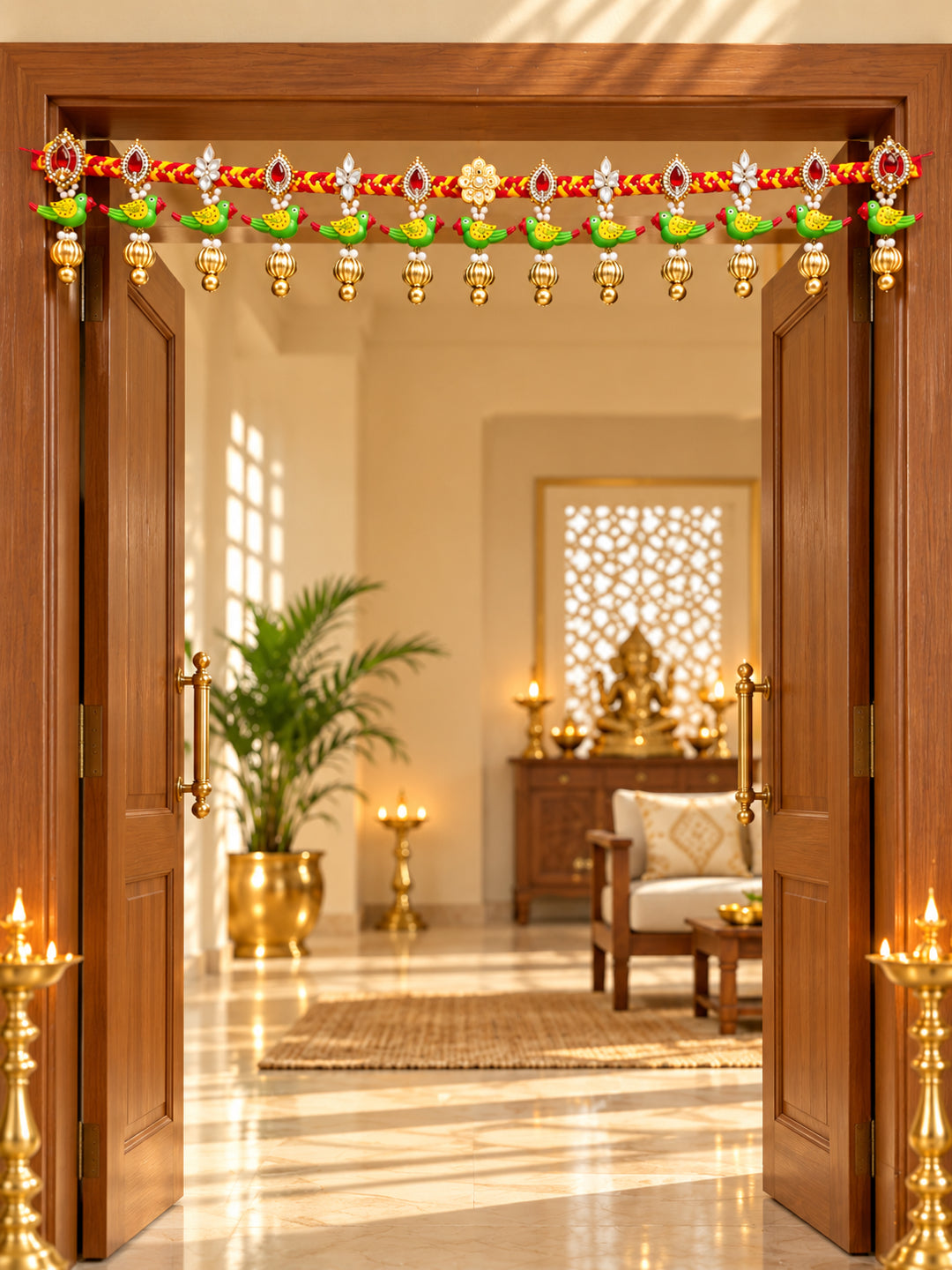 Handmade Floral Door Toran Bandarwal with Bells & Beads for Festive Home Decor (98 cm, Red & Green)