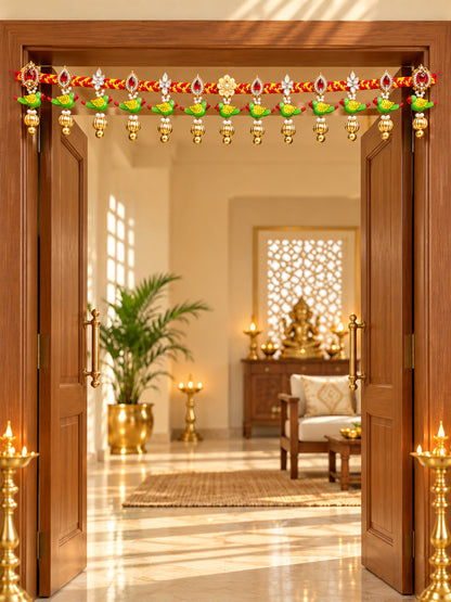 Handmade Floral Door Toran Bandarwal with Bells & Beads for Festive Home Decor (98 cm, Red & Green)
