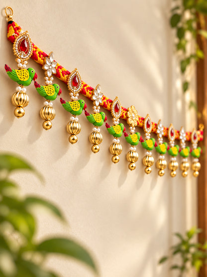Handmade Floral Door Toran Bandarwal with Bells & Beads for Festive Home Decor (98 cm, Red & Green)