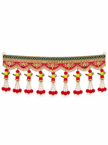 Traditional Layered Rose & Bead Door Toran Bandarwal for Entrance & Pooja Decor (102 cm, Red & Green)