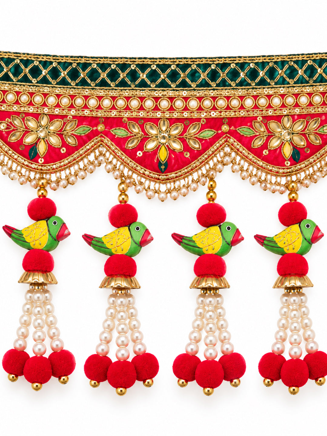 Traditional Layered Rose & Bead Door Toran Bandarwal for Entrance & Pooja Decor (102 cm, Red & Green)