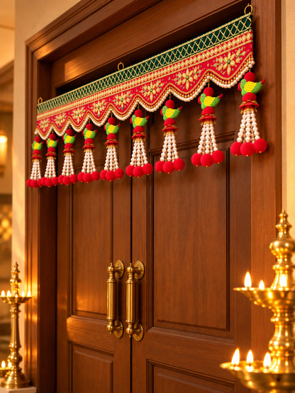 Traditional Layered Rose & Bead Door Toran Bandarwal for Entrance & Pooja Decor (102 cm, Red & Green)