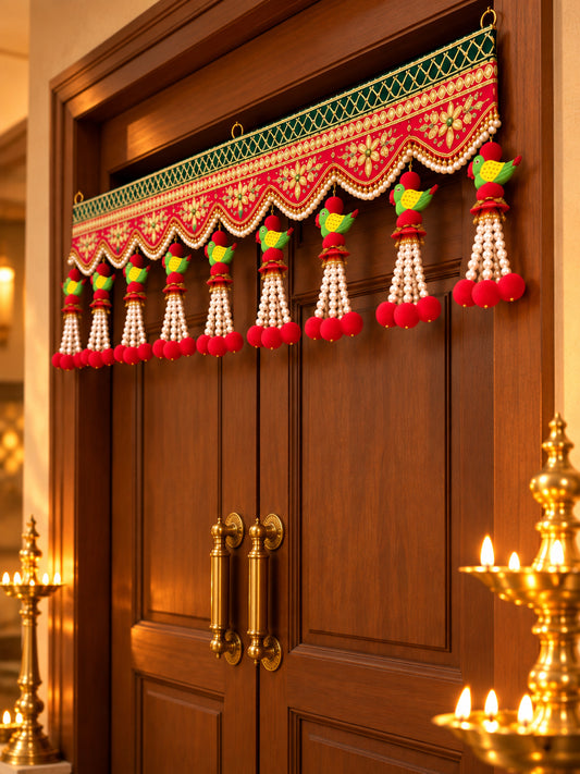 Traditional Layered Rose & Bead Door Toran Bandarwal for Entrance & Pooja Decor (102 cm, Red & Green)