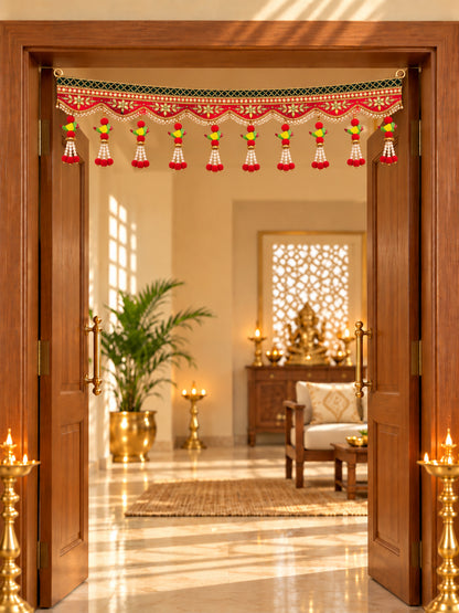 Traditional Layered Rose & Bead Door Toran Bandarwal for Entrance & Pooja Decor (102 cm, Red & Green)