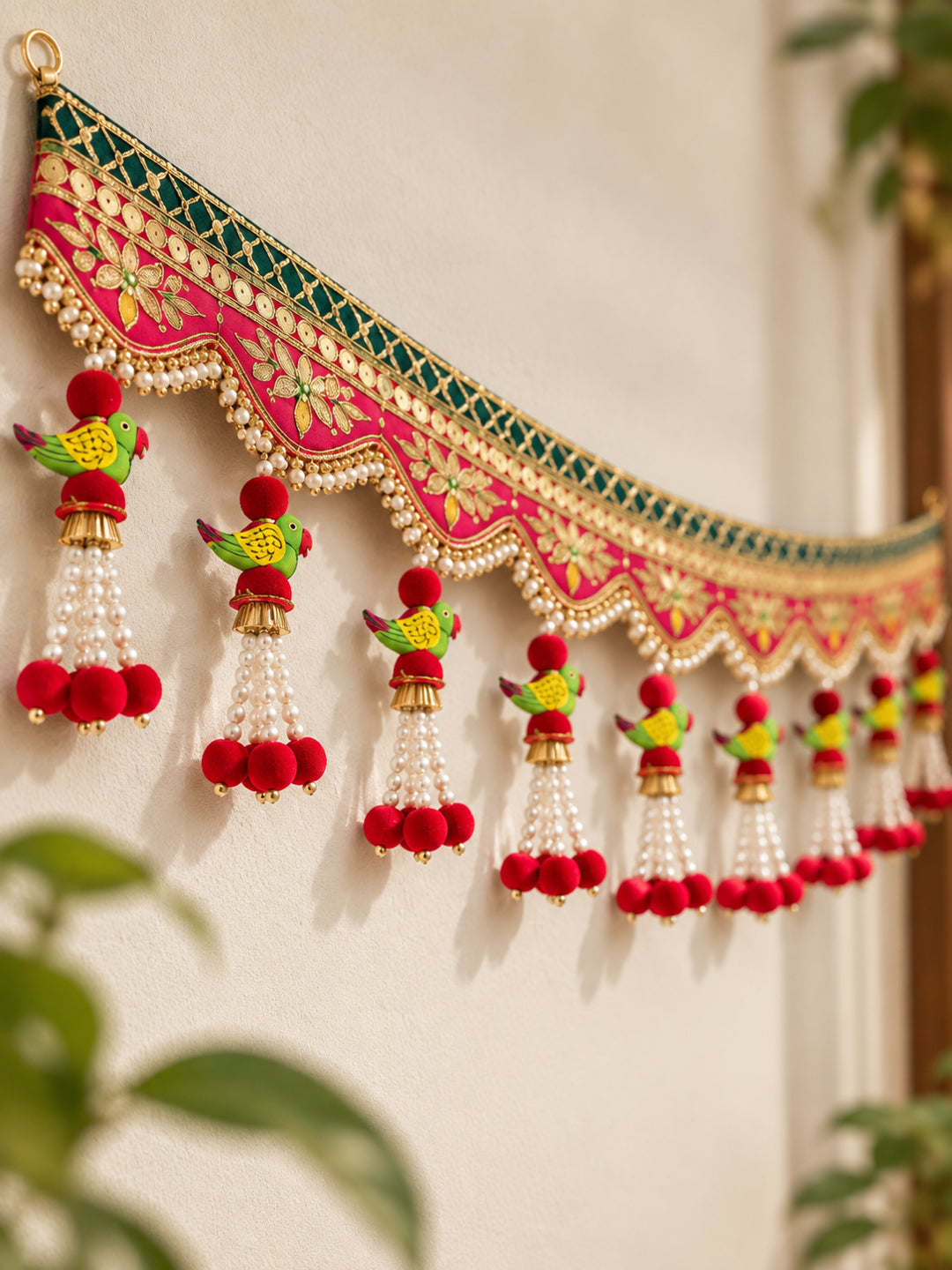 Traditional Layered Rose & Bead Door Toran Bandarwal for Entrance & Pooja Decor (102 cm, Red & Green)