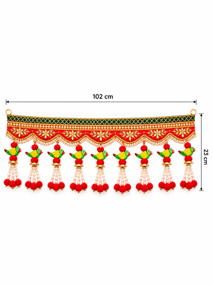 Traditional Layered Rose & Bead Door Toran Bandarwal for Entrance & Pooja Decor (102 cm, Red & Green)