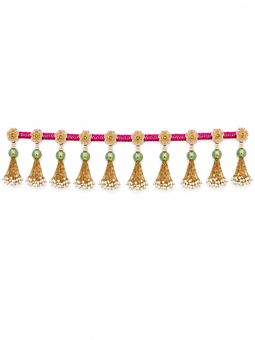 Handcrafted Pink & Gold Floral Door Toran Bandarwal with Pearl Tassels (102 cm)