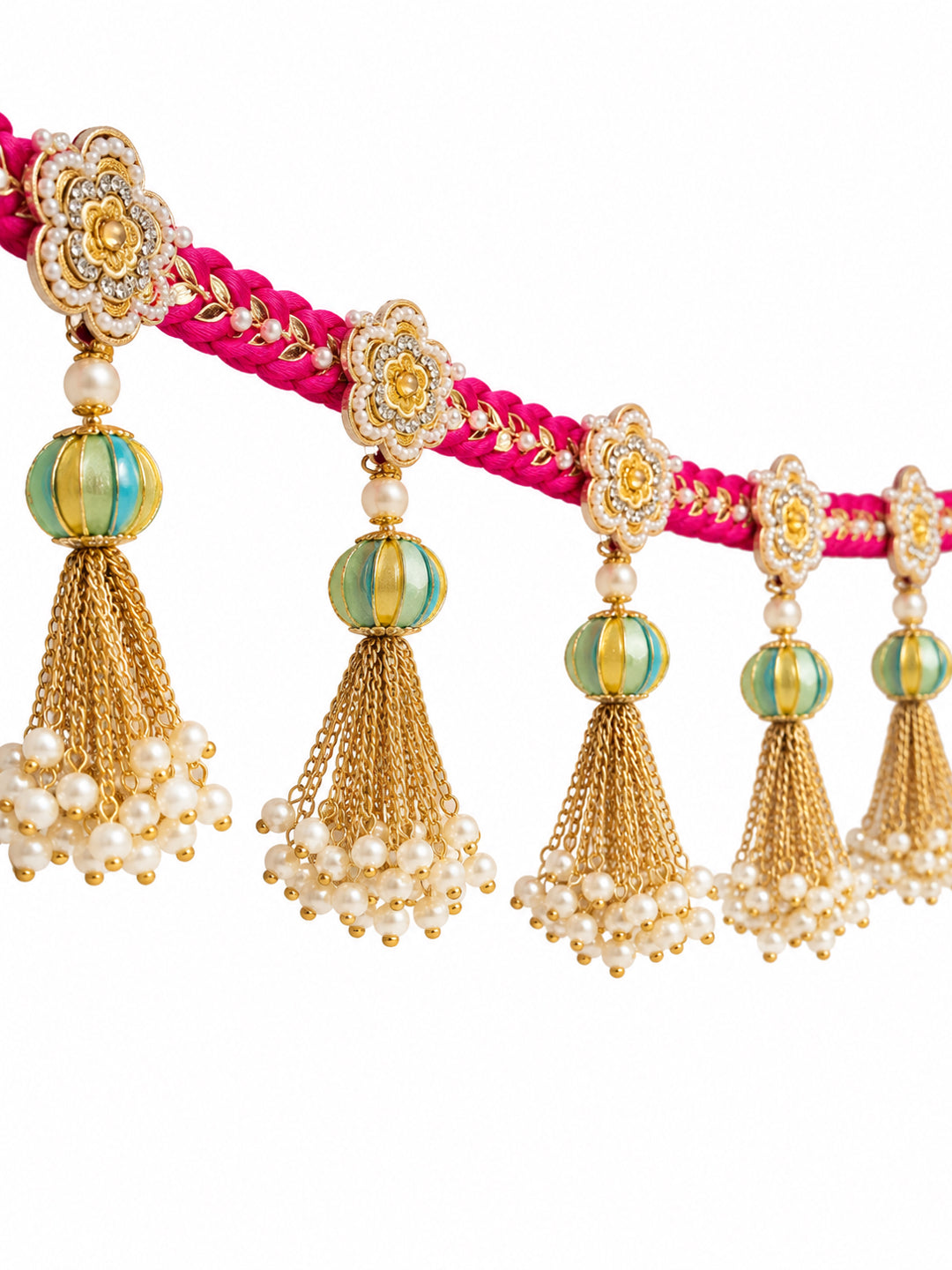 Handcrafted Pink & Gold Floral Door Toran Bandarwal with Pearl Tassels (102 cm)