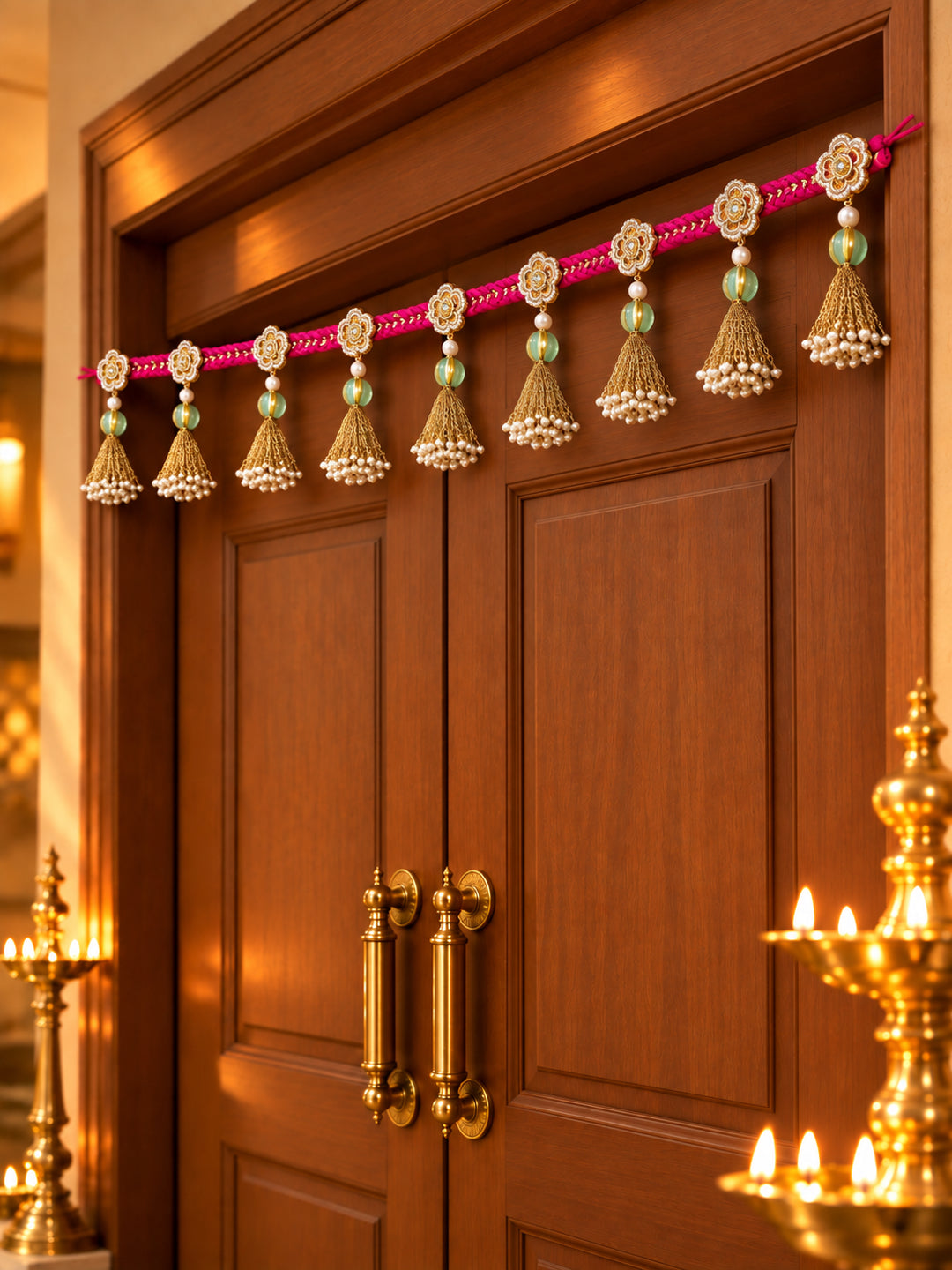Handcrafted Pink & Gold Floral Door Toran Bandarwal with Pearl Tassels (102 cm)